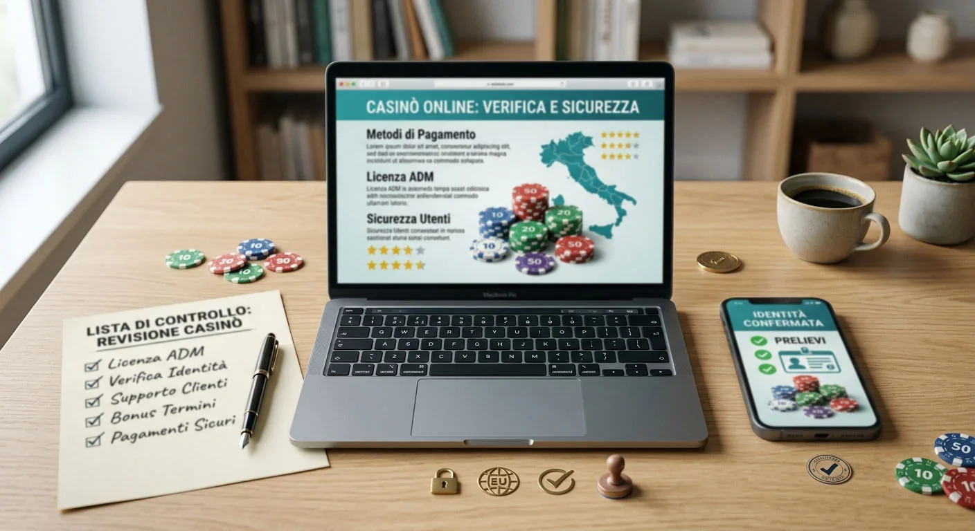 Illustrazione di un casinò online su laptop e smartphone con elementi di verifica e checklist